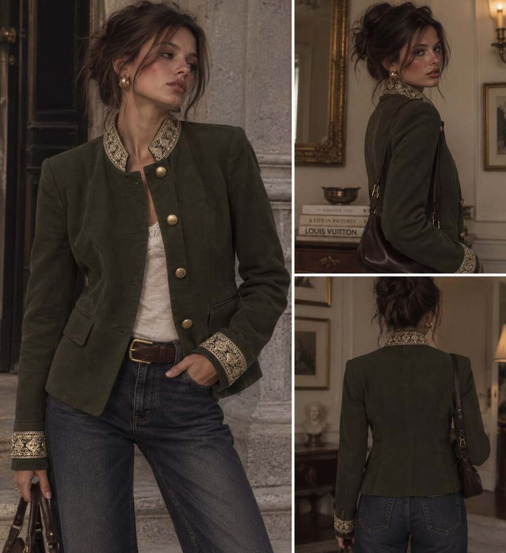 Zara Basic Collection Olive Green Embroidered Military Blazer Jacket – Size L